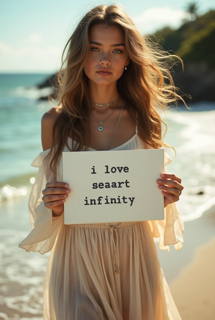 Beautiful girl with wavy long hair, bohemian dress, holding a white board with text "I Love Seaart Infinity" and showing it to the viewer