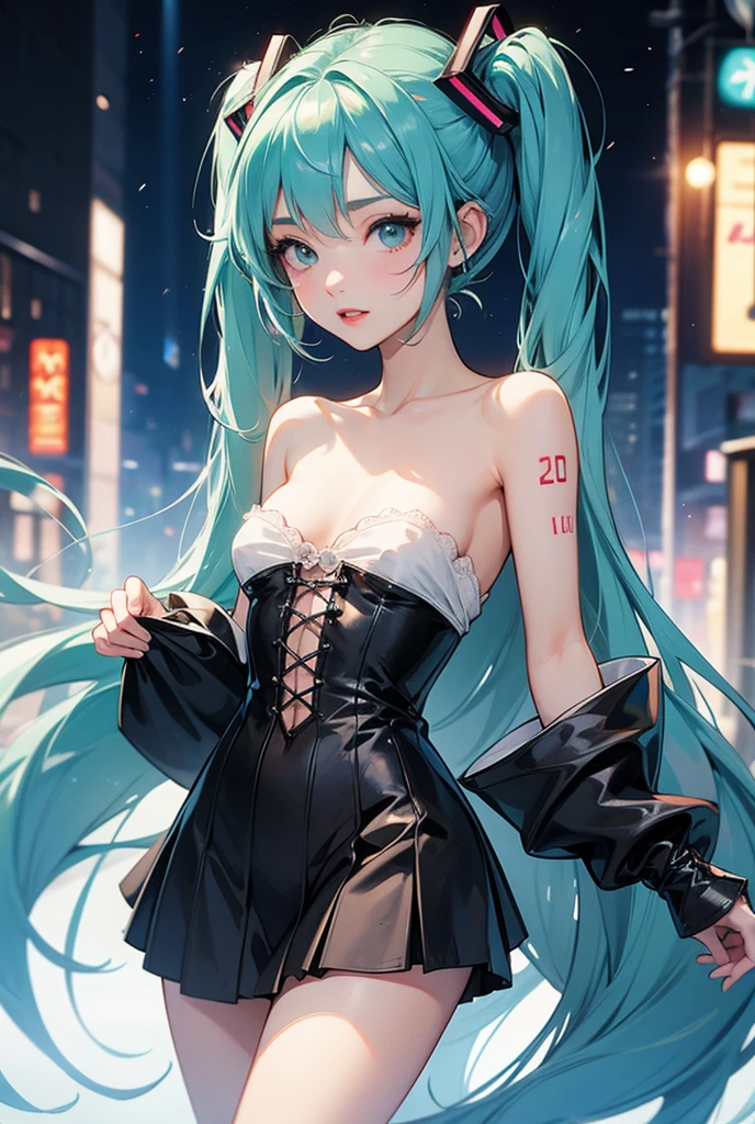 masterpiece, High-definition ,Hatsune Miku,Fantastic fluffy bunny suit,shy face,very panicked,blushing,lewd pose,sexy glamorous body,tits,futuristic midnight downtown city landscape