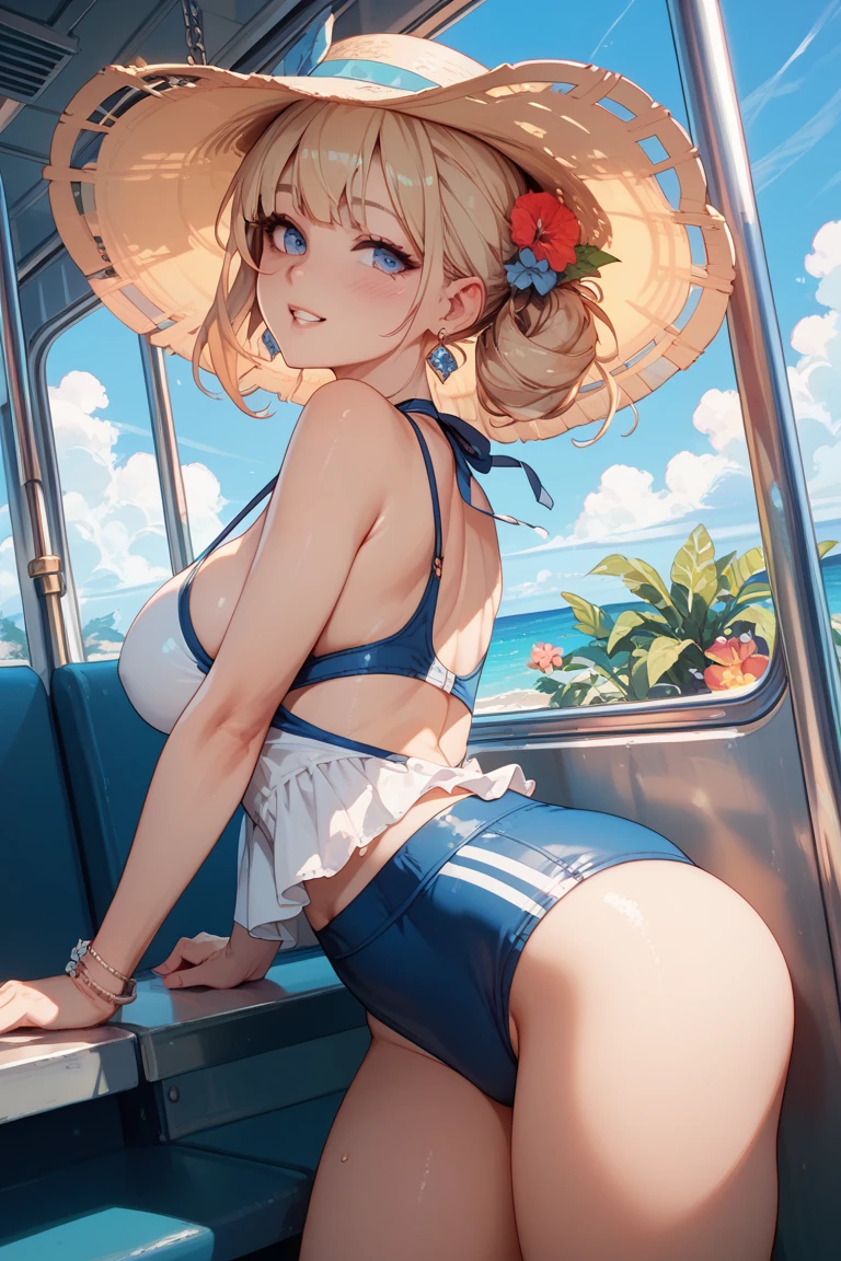 Anime Kawaii sexy Perfect Slim sensual body large breast and huge thighs, An intricate and highly detailed illustration of anime (Young girl). A bikini、girl in a hat,(masterpiece, best quality) detailed,silver accessories , Blonde ,elegant, Pointed ears ,Deep V one-piece swimsuit,Double tail,Waist-length hair,Smile,Star decoration,White lace socks,thorns,Rose,Vest line