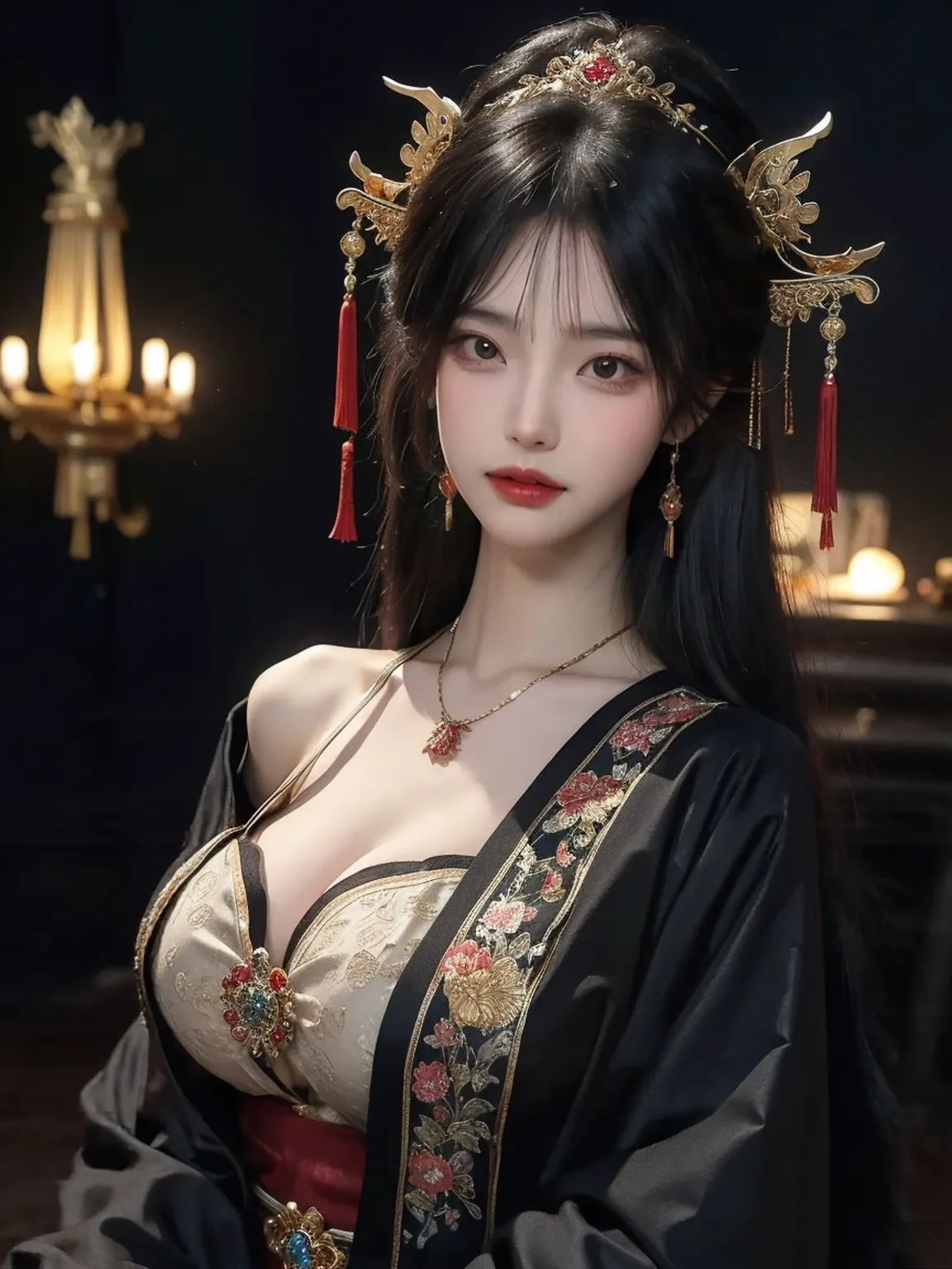 This ink painting depicts a noble concubine in an ancient Chinese court。