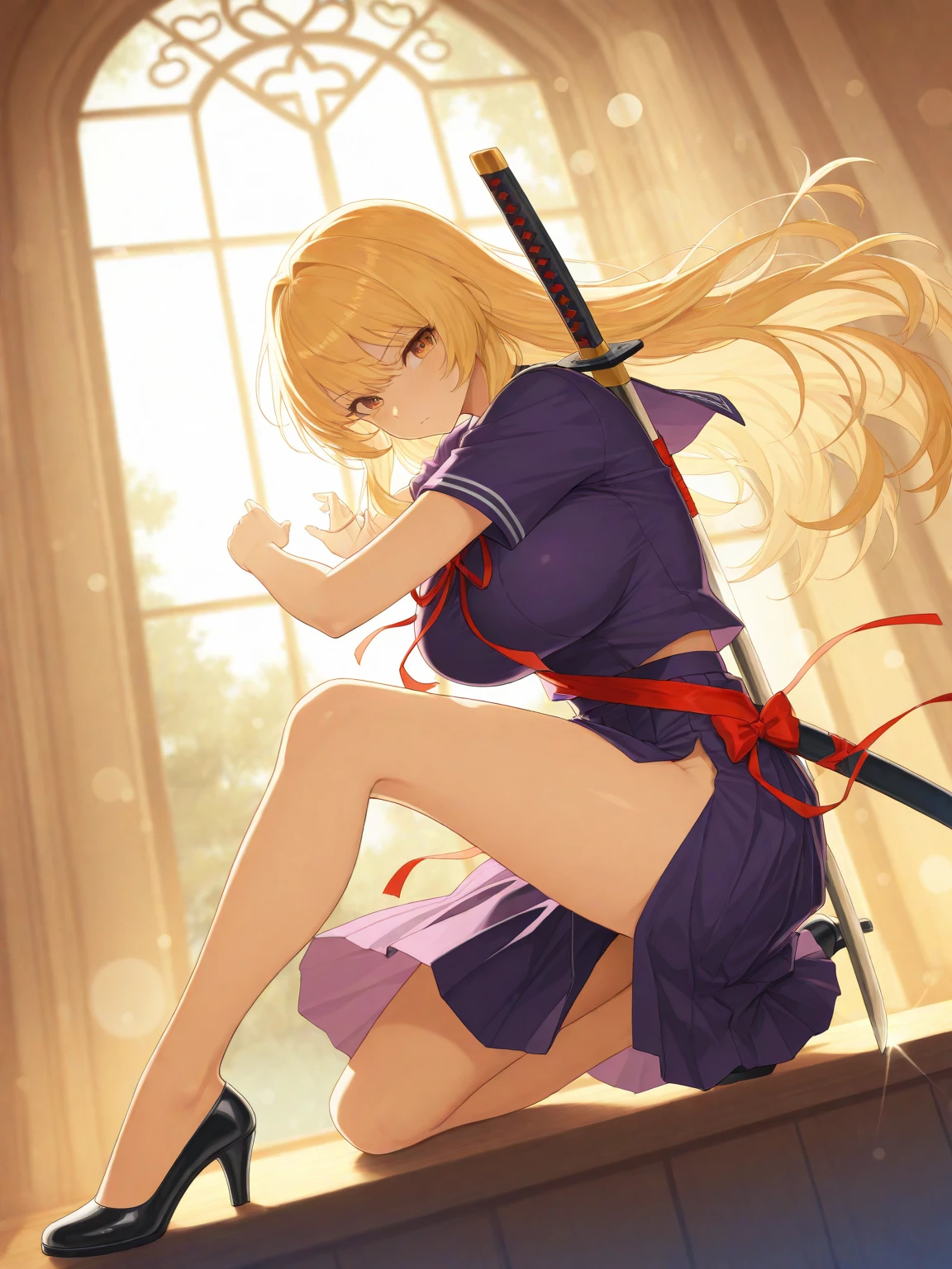 Black Hair,Anime Girls with long blonde hair holding a sword and wearing a skirt, beautiful Anime Girls squatting, seductive Anime Girls,  female action Anime Girls, Half Yamada, Fox warrior with a naginata, Anime Girlss, Pulling out the sword, (Anime Girls), She has a sword