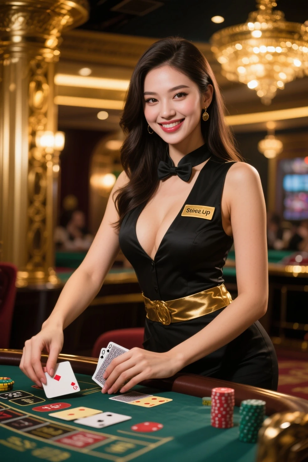 (8k, original photo, best quality, masterpiece:1.2),Vibrant color saturation,75mm lens,F/1.5,
(actual, photo-actual:1.37),(sharp Focus:1.2),proFessional lighting,photoactual,portrait photo,(Upper body:1.5),looking at the audience,
1 beautiFul japanese woman casino croupier,beautiFul eyes,bright pupils,Smile,Straight blonde hair,Good player,perFect Fingers,beautiFul Fingers,beautiFul nails,Wearing an ivory textured jersey cutout A-line mini dress, standing behind casino table,Blurred ornate abstract square metallic cold color background,