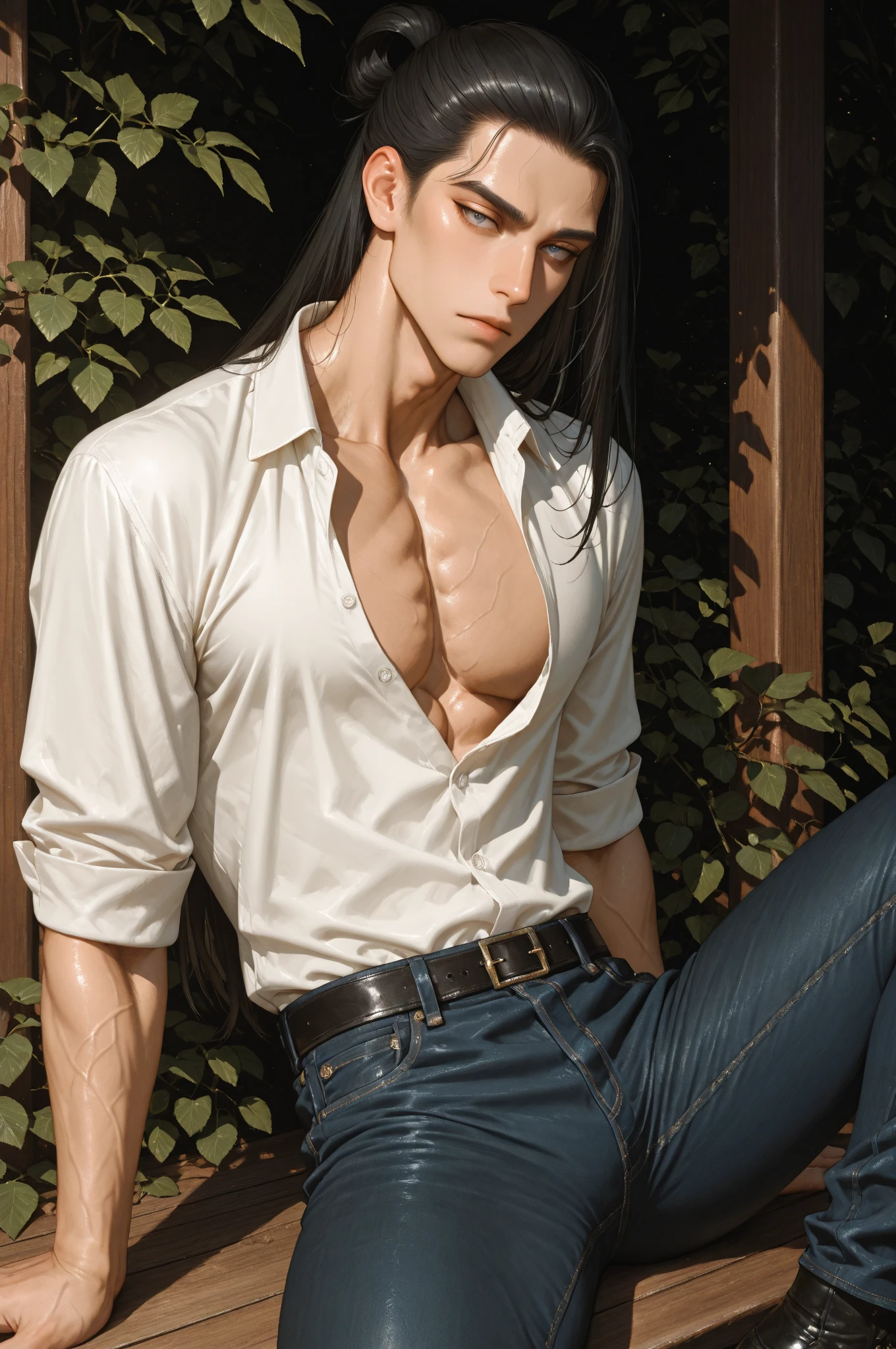 masterpiece, Best quality:1.4), Personal portrait, Handsome, European, Blue eyes, black hair, long black hair, pale skin, casual wear, serious eyes,