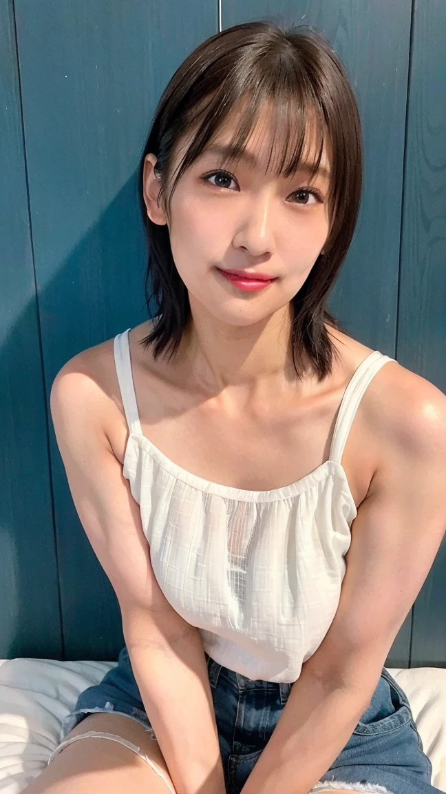 A cute Japanese woman who looks a little mature, smile, inorganic snow white walls, natural skin, cute, expressionless, long straight hair, well-shaped bangs, young girl, young face, short height, white swimsuit, small , Natural skin texture, upright posture