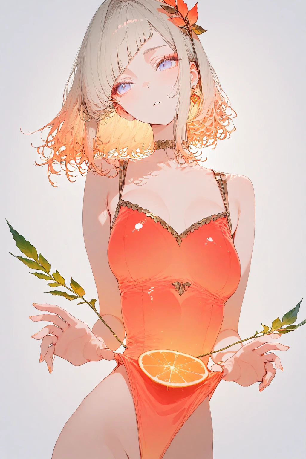 (((masterpiece))),(((bestquality))),((ultra-detailed)),(illustration),((anextremelydelicateandbeautiful)),dynamicangle,floating,(beautifuldetailedeyes),(detailedlight) (1girl), solo, floating_hair,glowingeyes, short hair, oranges, shrimp, life ring, ocean