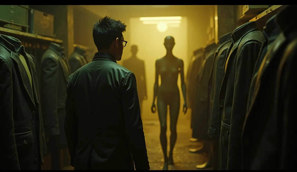 A man in standing between two girl. The first girl is a brunette caucasian while the other is a redhead and green skinned. Both girls have short bob hair. The man is dressed while the girls are naked