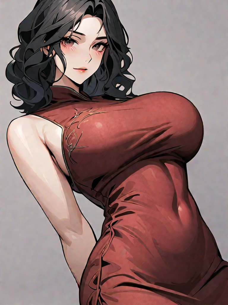 curly hair girl, black hair girl, long hair girl, red medieval dress girl, skimpy dress girl, big breast girl, blue eyes, red lips, shy face