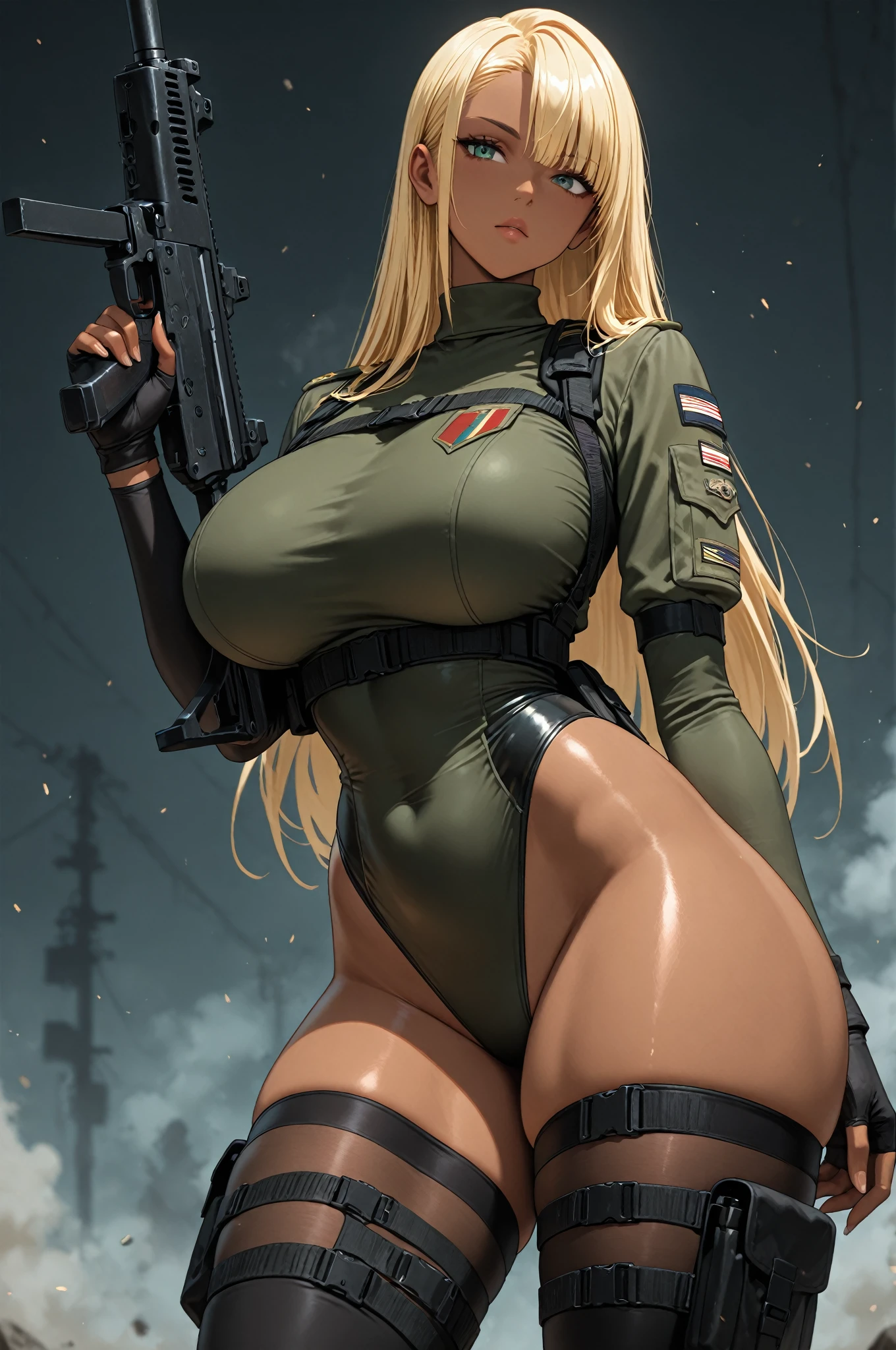 Slime girl, (slime), Slime hair Double buns hair style, Pumpkin Orange, weapon belt, Masterpiece, Best Quality, gigantic breasts, slime girl, slime girl, purple hair, lavender hair, yellow clothes, weapon belt around waistline, rifle, long rifle, AR-15 Rifle, assault rifle, exposed yellow bra, yellow clothing, wearing yellow clothing, fully body view, tight yellow dress, Rifle in hand, mature woman, gorgeous, perverted, sexy, yellow dress, exposed chest, exposed bra, exposed breast, black boots/heels, gold bracelets around wrist, holding rifle, aiming with rifle, tactical stance, tactical gear, sweaty body, long legs, tall woman, lustful yellow eyes, yellow lingerie 