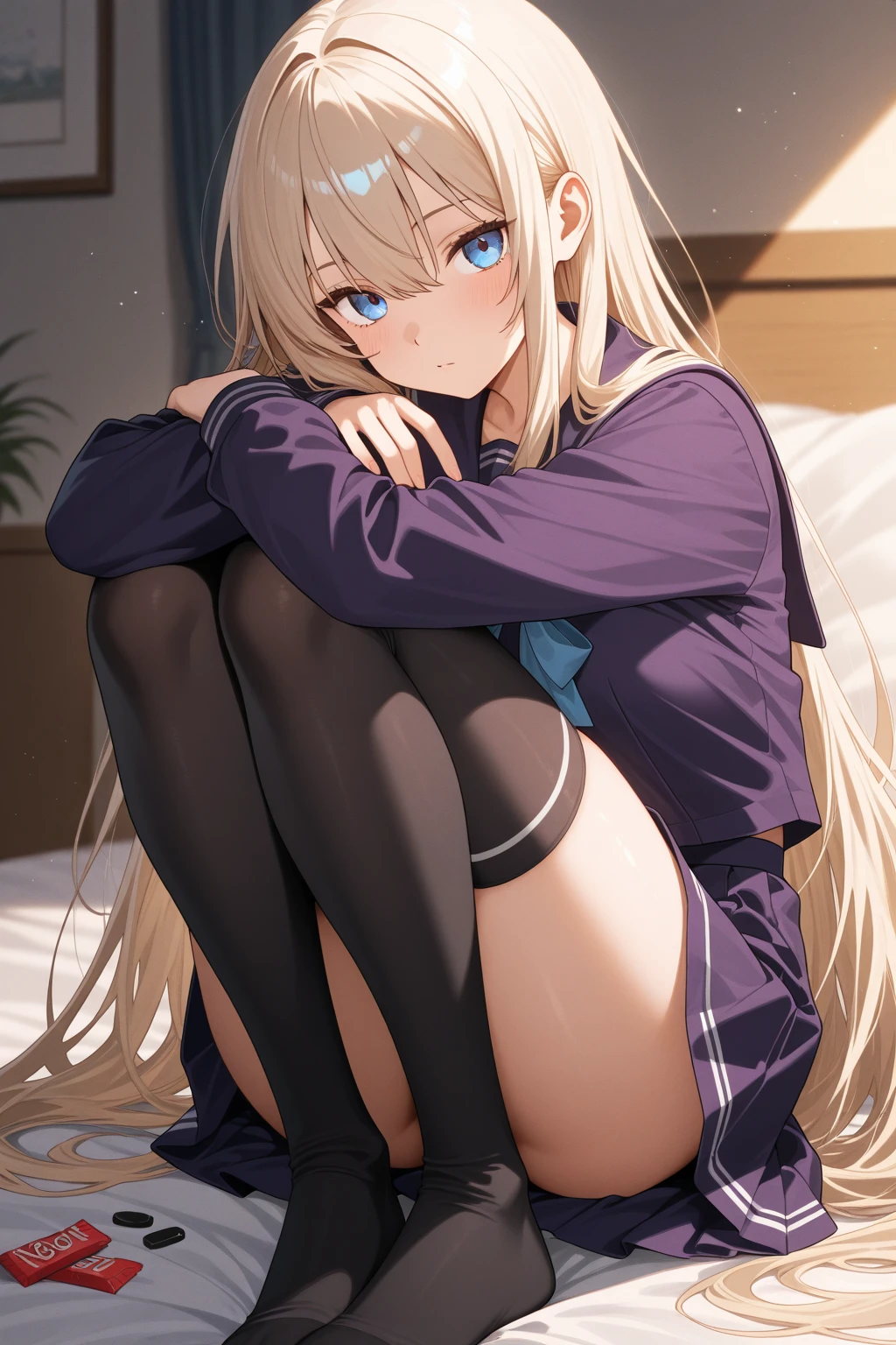 (masterpiece), best quality, expressive eyes, perfect face, tsundere, young girl, blue eyes, blonde, very long hair, twintails, oversized crop top, oversized clothes, black leggings, spandex, sitting, crossed legs, crossed arms, bedroom background,