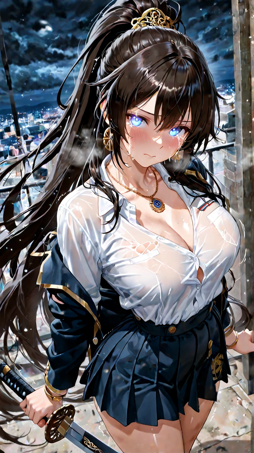 最high quality、Best image quality、masterpiece、With a girl((cute、16 years old、Best Bust、Medium Bust、Beautiful Blue Eyes、Spread your chest wide,Black Hair、Disheveled Hair、thin、Highest Valley、Black Dresy whole body is wet、Lying on your back))high quality、Beautiful art、background((night、heavy rain、City、Lightning strikes、In front of the hotel)),Tabletop、Exquisite design、Visual Arts、Written boundary depth、Best lighting、Highest detail、8k