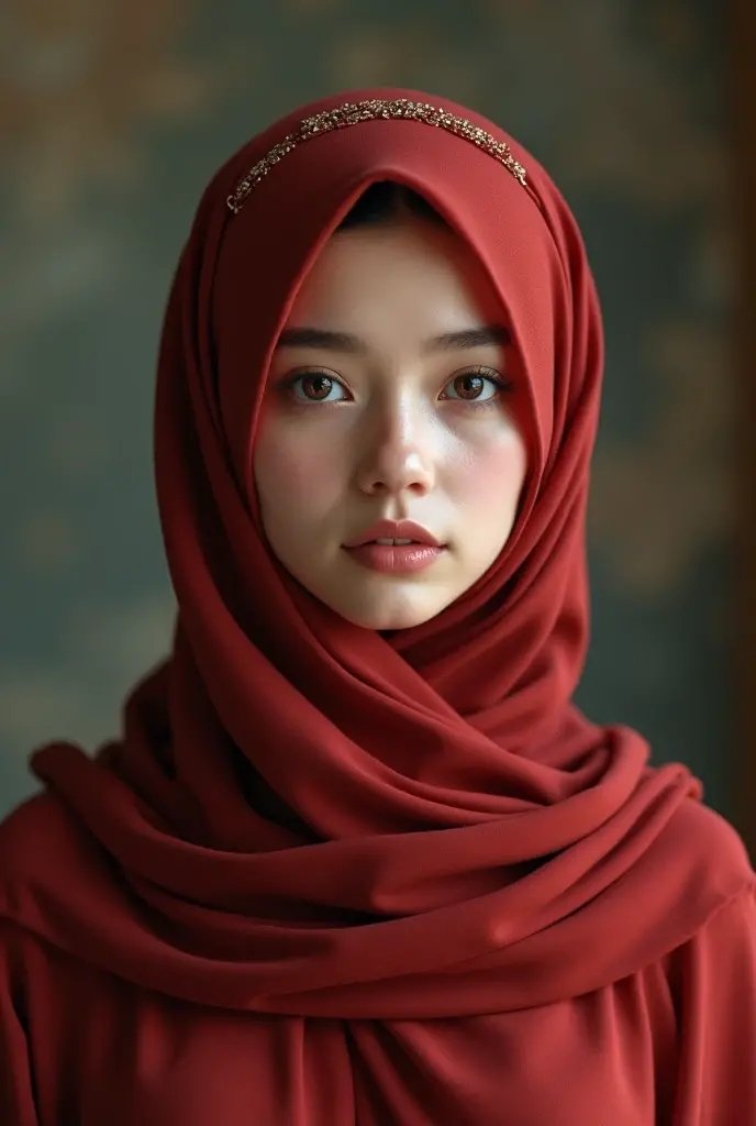 (photorealism:1.2), beautiful Chinese Moslem, very beautiful Chinese Moslem female, long red hijab and long abaya, very detailed fingers, beauty red nails, high resolution, HDR