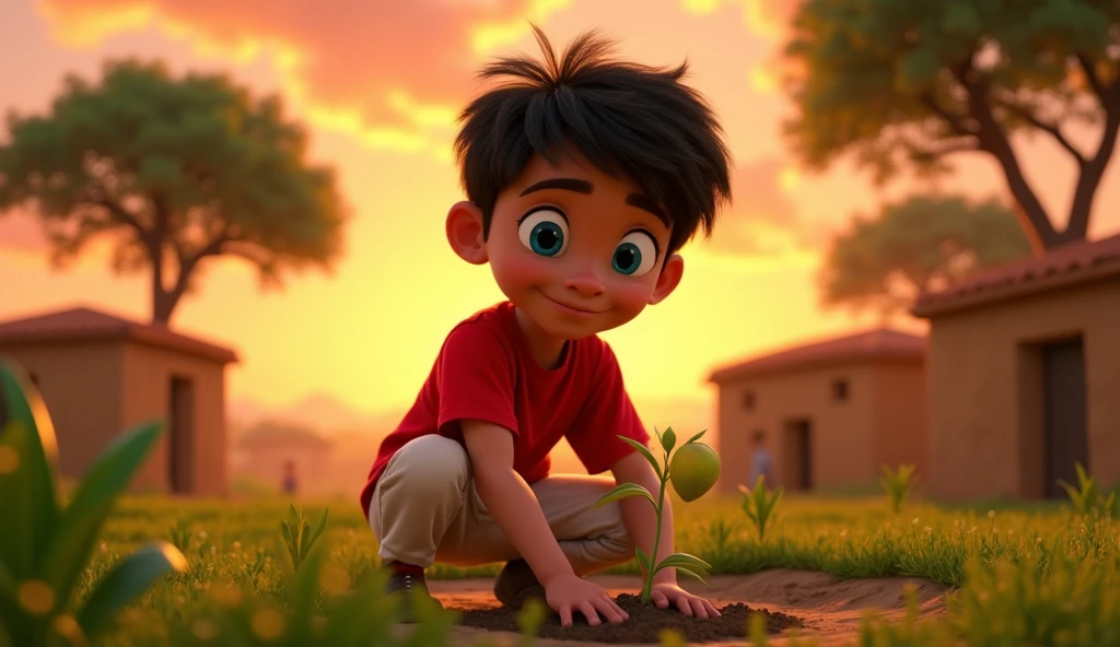 Realistic portrait of a seven-year-old boy, He wears a red shirt . His face is childish and exploratory . He goes out cautiously into the garden of the house, A small cat is among the bushes and he touches it cautiously ,Not facing the camera,, Hair is untidy ,