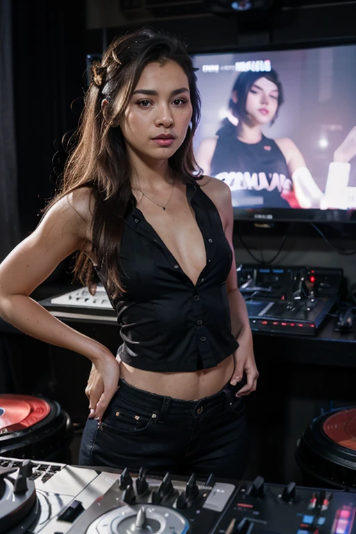 taylour paige wearing leather short shorts, white shirt and hair in a bun, at a arcade room