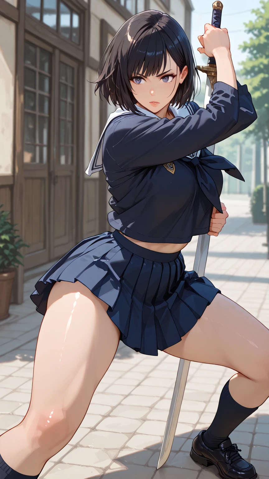 masterpiece、highest quality、 adult women、Blonde、Braided Hair、Big Breasts、Nipple erection、sailor suit、Short pleated skirt、Plump body、Thin knee socks、Wearing red full-back panties、Wearing bloomer-like panties、Angle from below、Grinning face、blush、Sweaty、Wet costume、Panties are in full view、The wind flips up my skirt、School rooftop