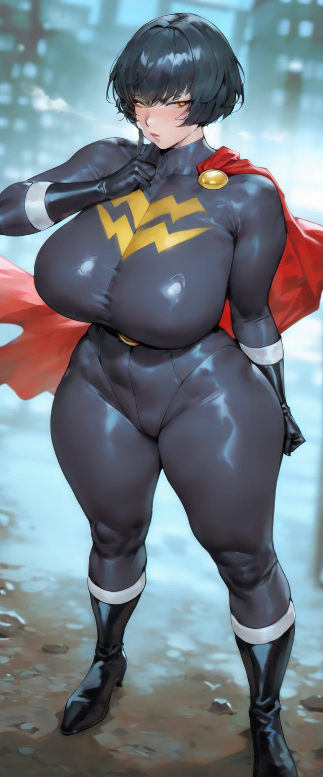 ((BLACK BACKGROUND,1:2, masterpiece)) full body MILF BIMBO standing with two long thighs and two metal sandals, red eyes, two-tone hair, brown hair, silver white hair, short bob style hair, big breasts, cleavage, separate sleeves, tiara royal, long cape up to two feet, yellow bikini, hands on waist, navel, toned body, lustful smirking smiling, smile face (red blushed, red cheeks), metal shoulders, gold sleeveless armbands, black leather choker slave collar (leather choker with big golden bell), shackle bracelets, red crest, pauldrons, breastplate, leather corset, eye focus, full body, whole body, 1solo, loincloth standing, hands on hips, big belt, view from below, feet together, bracers, tiara)