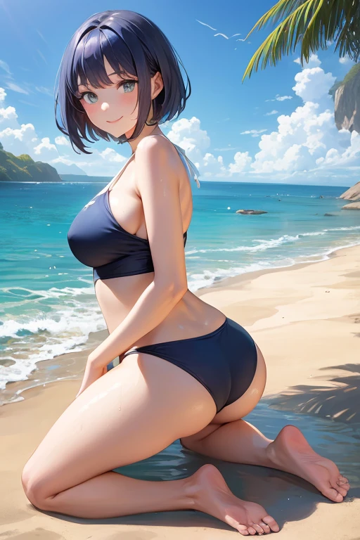 YelanV4, ((Yelan lying on stomach)), on beach, black lingerie, from behind, looking back, (mature:1.2), (detailed face), blue eyes, (detailed eyes), symmetric eyes, facial details, atheletic back, voluptuous body, slim waist, HD, 8K, vivid colors, intricate, (absurdres:1.2), best quality, masterpiece, sunny day, sand, waves, blue sky, pulled down panty, ass close-up