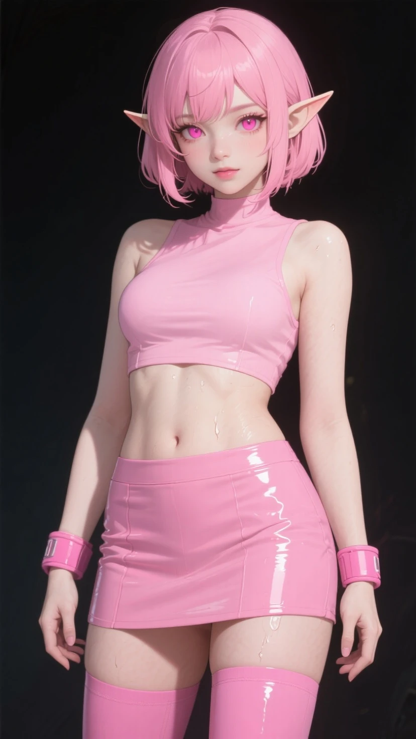 8K Ultra HD、Digital SLR Camera、soft light、high quality、Volumetric Lighting、frank、photo、high resolution、4K、8k、Bokeh，The eyes and face are very detailed，Clear eyes，Delicateeyes, Delicate lips, Show a sexy smile, Pretty Face，Oval face, Create stunning girl images, warm color, Very high color saturation，The legs look very long from the front，dynamic poses，Normal standing posture，Thai Chinese female models，Golden Ratio, Minimalism，Transparent and visible skin, Bright pink clothing，Transparent silk tunic，Sheer silk shirt，Sheer silk skirt，Transparent underwear，Purple Hair、Invisible cyberpunk hairstyle，Cleavage、Exposed breasts、sexy、very detailed breasts, d cup size，Dark Dungeon