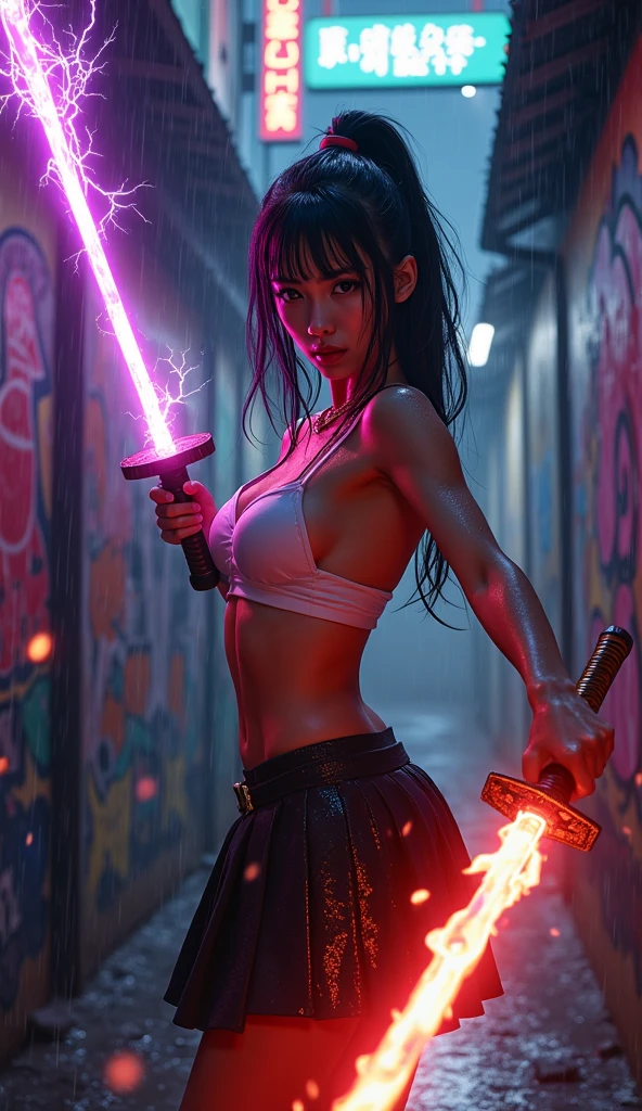there is a woman in a  holding a baseball bat, nami from one piece, nami one piece, deviantart artstation cgscosiety, splashes of lightning behind her, epic digital art illustration, goddess of lightning, epic fantasy digital art style, epic fantasy digital art, 2. 5 d cgi anime fantasy artwork, mermaid cyborg with a laser whip, gorgeous young korean woman, inspired by Kim Deuk-sin, photo of slim girl model, sakimichan, thin waist, taejune kim