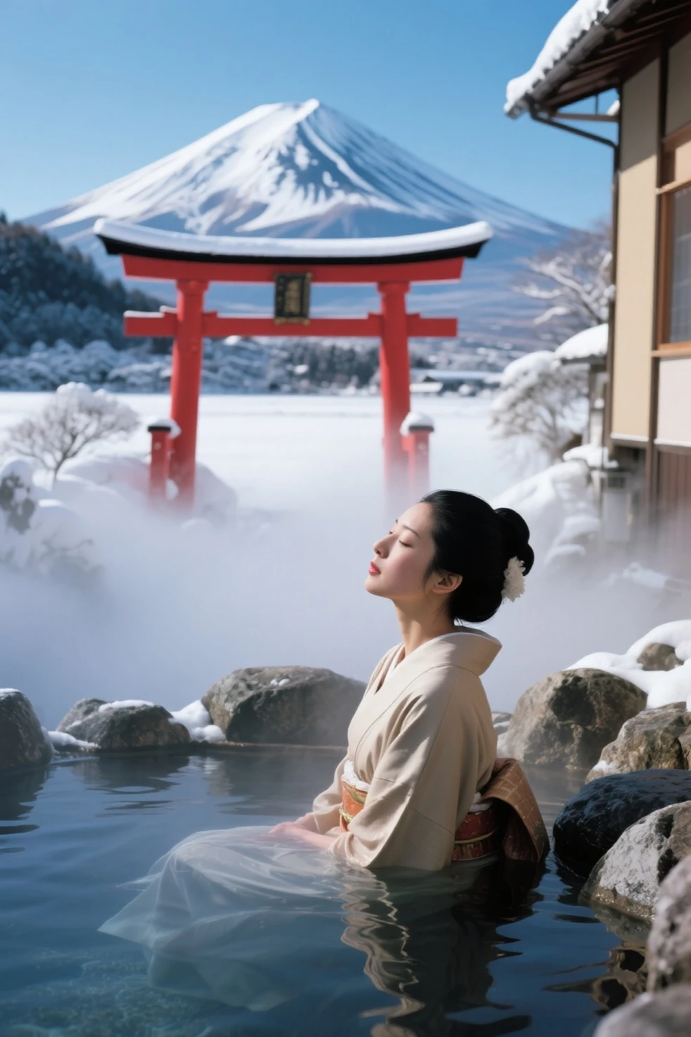 (Traditional Japanese art painting), Mount Fuji in the distance, and the white snow on the top of the mountain as the background, no one in the scenery, bright sunlight shining on the hillside all the way to the hot spring water, making people feel like an epic picture Landscapes, (extremely detailed oil painting: 1.2), glow effects, godrays, hand painted, rendering, 8k, octane rendering, cinema 4d, blender, (dimmed lights at night, daytime blue sky, white Mt. Fuji top, green Mt. Fuji slopes, Ancient castle, temple and shrine, traditional Japanese wooden house complex all the way down the mountain, and traditional Japanese hot spring bath, 4k ultra detailed), cinematic sensibility, sharp focus, humorous illustration, great depth of field, masterpiece, color, 3D octane rendering, 4k, concept art, trending on artstation, surreal, vibrant colors, extremely detailed CG unity 8k wallpaper, trending on ArtStation, trending on CGSociety, intricate, high detail, dramatic, absurd, (face_yolov8n:0.3), <lora:more_details:1.0>, <lora:ARWJapanOnsen:1>, ((With the entire ancient castle in Japan as the background, the maple red in front of the castle, the falling leaves, a Japanese girl wearing a traditional Japanese kimono, is showing cute gestures and a bright smile to the camera:1.3)), <lora:add_detail:0.7>,