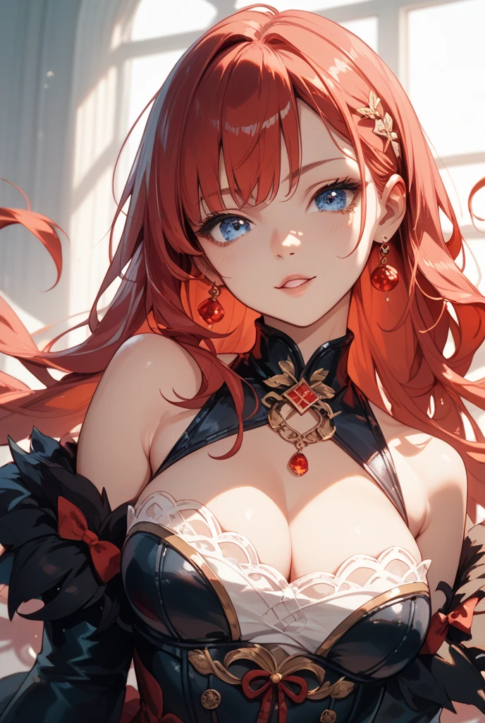 (masterpiece, highest quality, super detailed, best shadow), (detailed background,dark fantasy), (beautiful and detailed face), high contrast, (best illumination, very delicate and beautiful), ((cinematic light)), colorful, hyper detail, dramatic light, intricate details, (1 girl, alone,Red hair, sharp face,purple eyes, hair between eyes,dynamic angle, big breasts), cheerfulness, smile, look ahead,