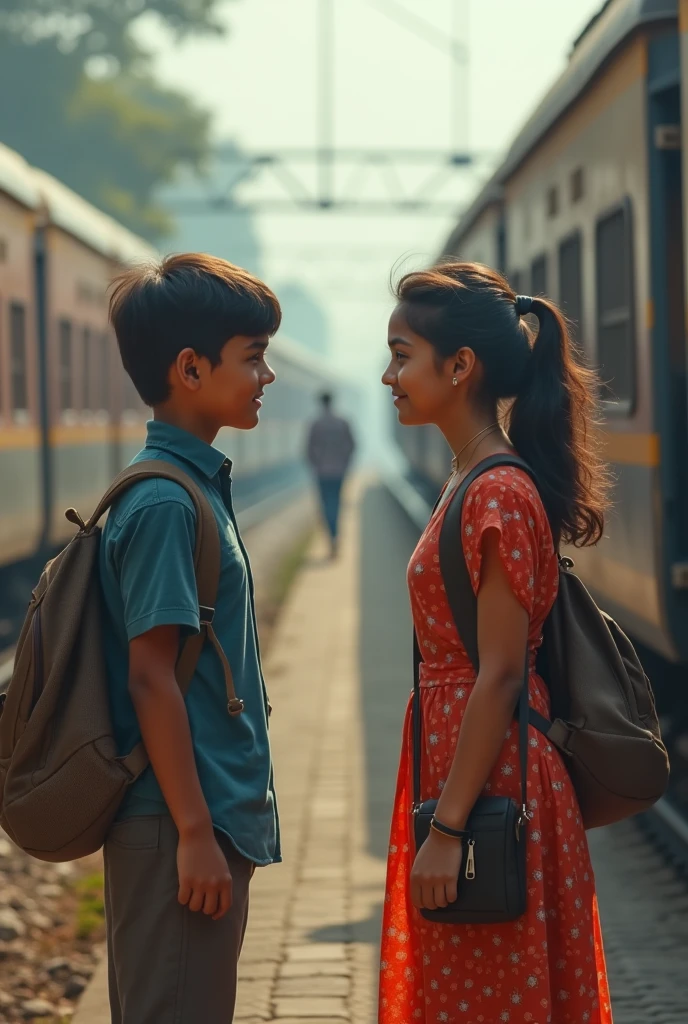 A boy and girl in their 20s . A boy with green shirt and a watch and a girl with blue kurta with low ponytail and a backpack on one side facing eachother while walking with a collage background