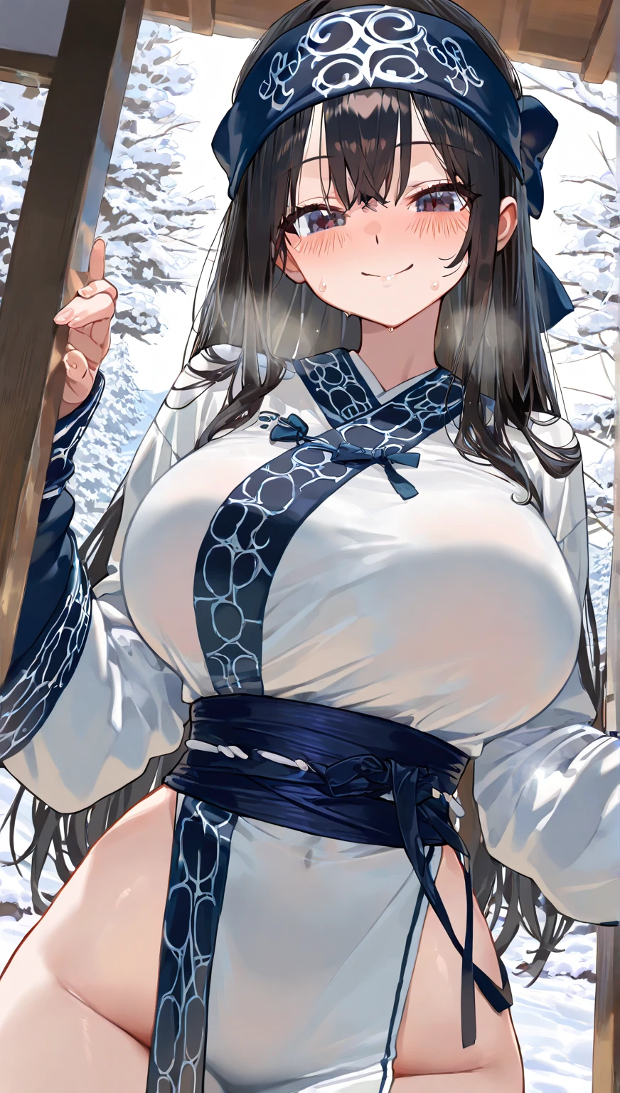 kaai yuki. brown eyes, black hair, ,short twintails, low twintails, short twintails, hair ornament, 11years old , , empty eyes , large breasts, nipple, Running, , Heavy snowfall area frozen wet crying mountain Alone, crying, Naked, solo, 1girl, Peeing, lactation, projectile lactation