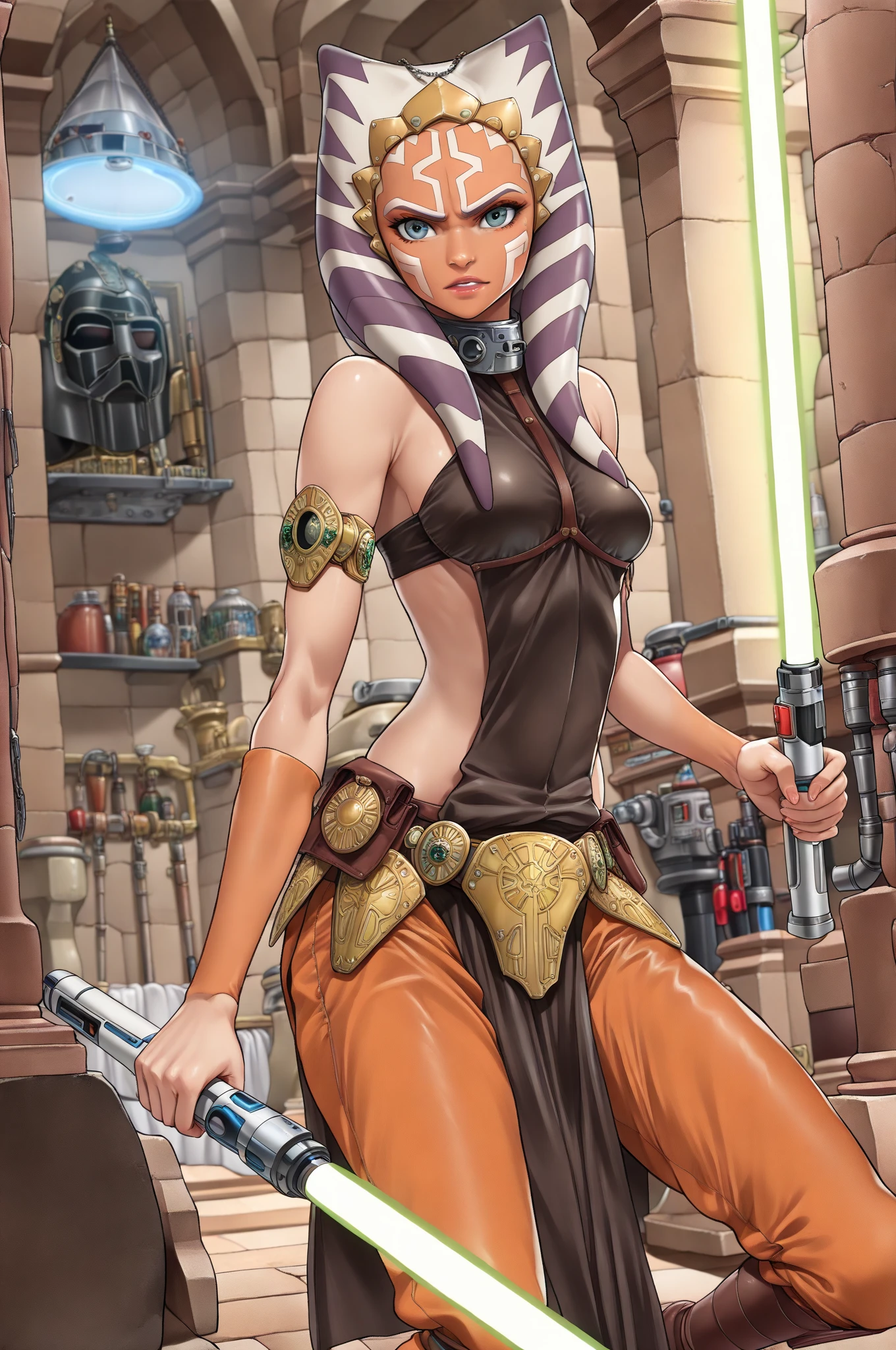 1girl, twilek, green eyes, (orange skinned),  medium breasts, slavekini, pelvic curtain,  looking at viewer, standing, auction block, defiant, lightsaber
