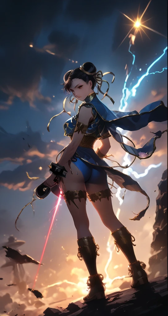 ponytail、Headband、Blue tights、Upper part of the body、Opinions vary、Frowning、from hand to hip、Space、8k、((masterpiece))、Art Station、high detail、sharp focus