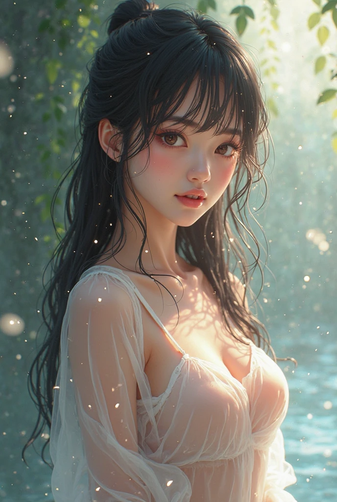 a beautiful busty asian girl, wet in the rain, looking erotically at the viewer, upper half body, 2D digital art,anime, highly detailed, photorealistic, stunning lighting, dramatic rain effects, muted color palette, soft focus, intricate details, sensual and alluring expression, graceful pose, glistening skin, (best quality,8k,highres,masterpiece:1.2),ultra-detailed,(realistic,photorealistic,photo-realistic:1.37),concept art,digital painting,dramatic lighting