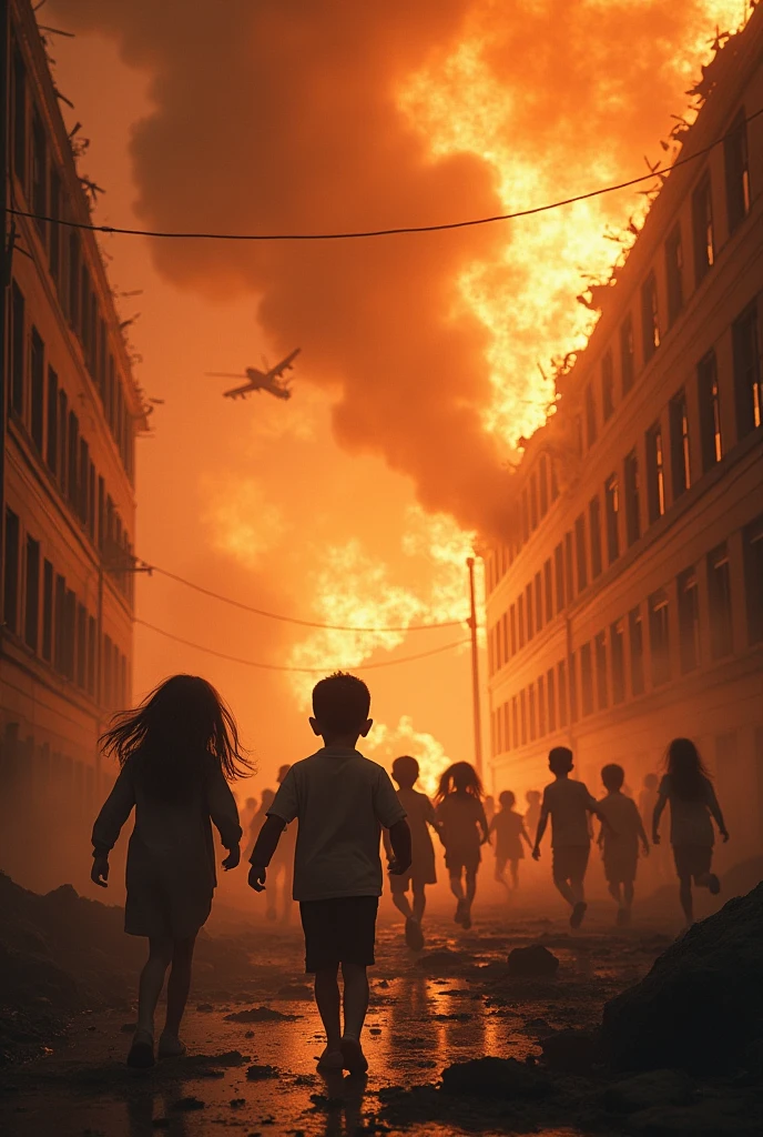 Record album cover: Many ragged children screaming angrily at the sky in a devastated city. Children must have dirty clothes. The group is called Souls. That the cover contains ammunition weapons anywhere. The sky must be red. The ruined houses. Red and black environment 