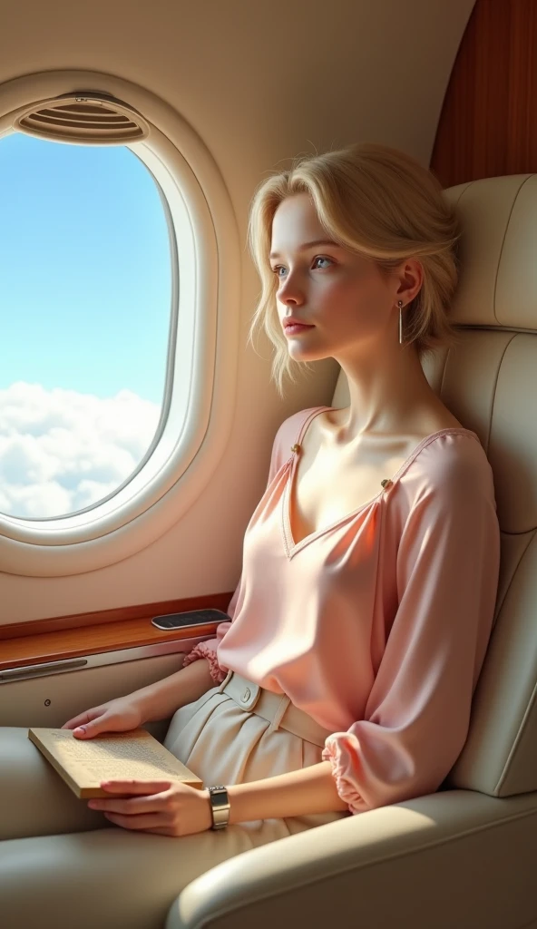 masterpiece, best quality, extremely detailed, hyperrealistic, photorealistic, a beautiful 20s french model, from side, a shot from head to knee:1.1, in airplane, sitting a seat, pink long sleeve shirt:1.2, ultra detailed face, super short hair, blonde hair, pale skin, busty breasts, smiling