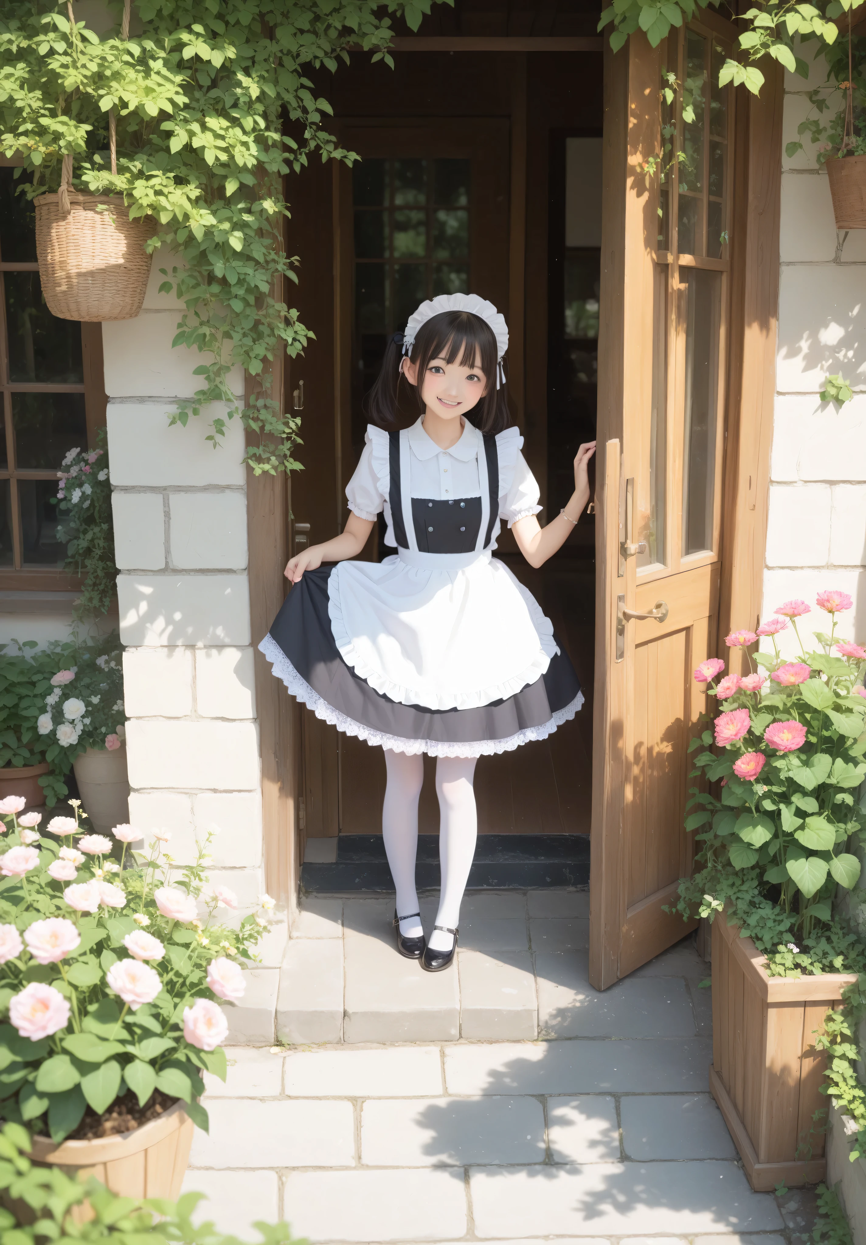 (1人のかわいいyounger日本人の女の子), Maid, Watering flowers outside the mansion, black lace stockings, Looking at Viewers,(smile:0.88), (younger:1.17),(skinny:0.76),(big boobs:0.37),The girl is leaning forward and taking care of the flowers,from above