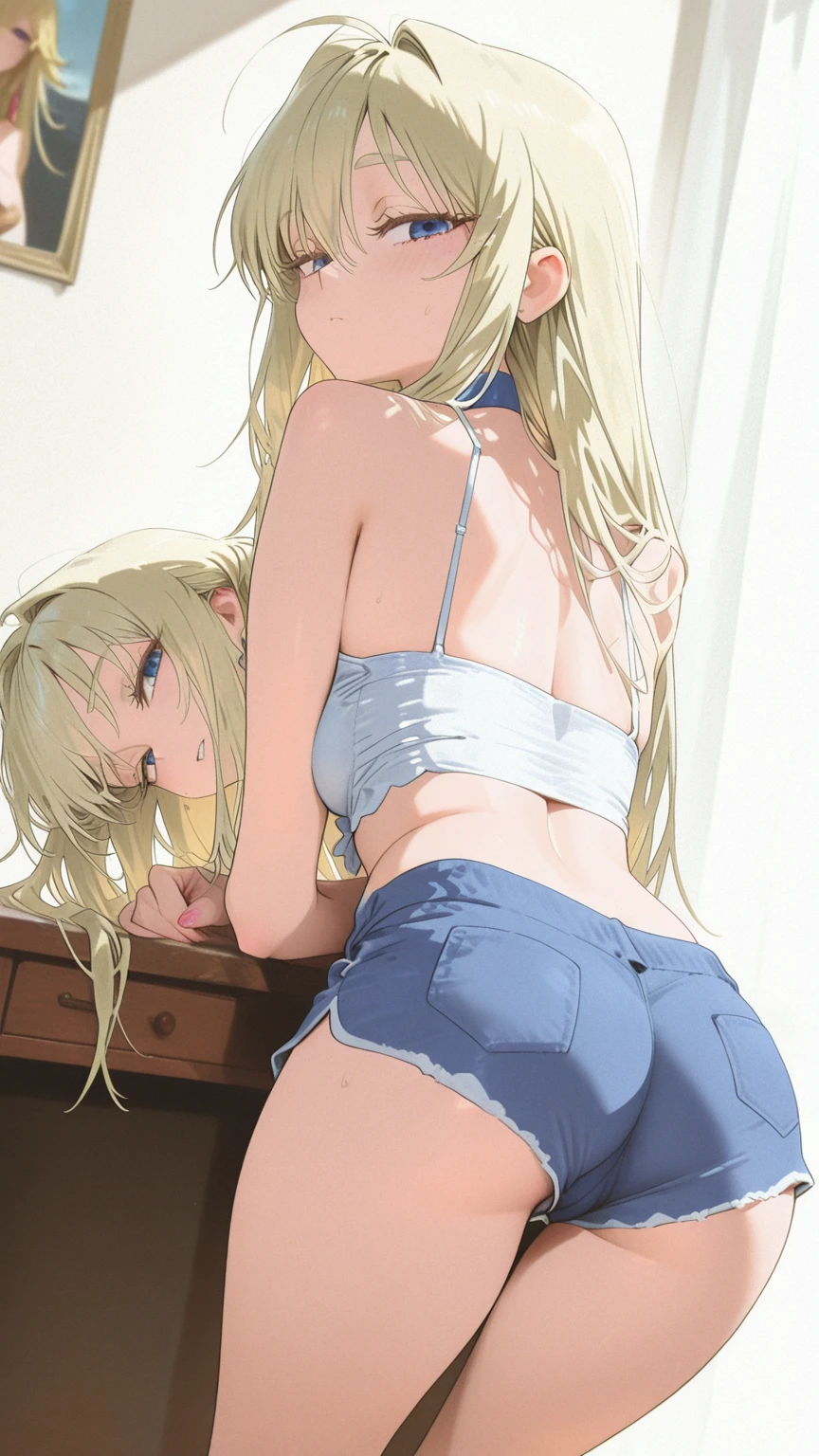 2D, Top Quality, (Best of the Best), (Full Length), (Glossy Blonde: 1.6), Long Messy Hair, (Brown Beauty), (Healthy Dark Skin), (Tanned), (Denim Hot Pants), (Tank Top), JK, Shiny Bare Legs, Shin Hair, Brown Eyes, Attractive Thighs, Butt Thrust, Back, Bedroom, Bed On bed, light from window, erotic expression, sweaty, wet hair, drops from hair, can in right hand, out of breath, bold pose