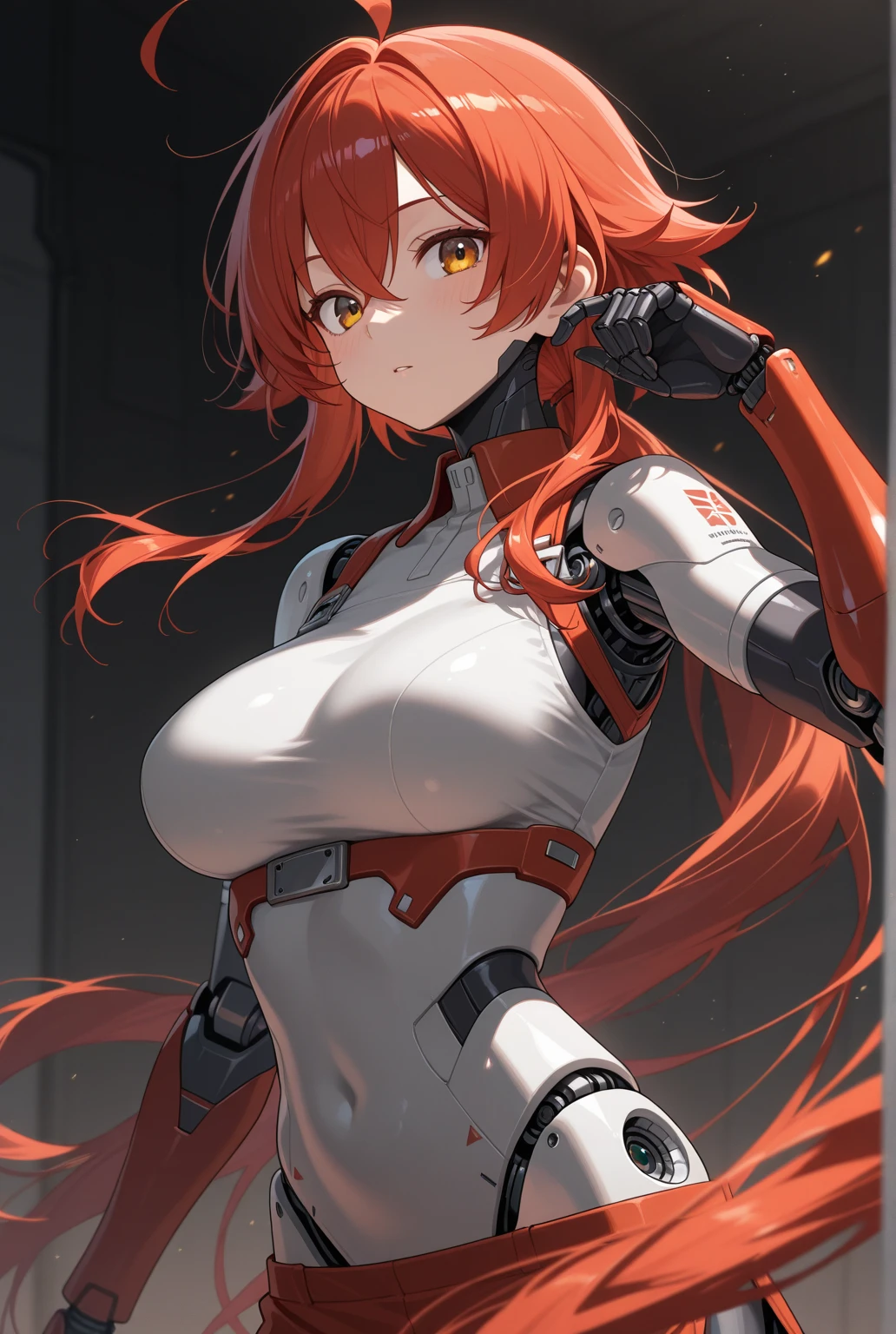 4K,hight resolution,One Woman,Orange hair,poneyTail.Green eyes,Colossal tits,White Cybersuit,Bodysuits,Knives,Underground base