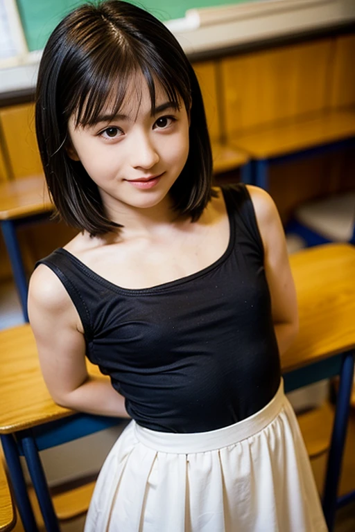 One girl,summer,School,classroom,Changing clothes for gym,Black Hair,short hair,Sleeveless,blouse,smile,6th grade elementary school,Honor student,Pure school,front,Small bulging lines on the chest,Look here,transparent, Soft Light,(masterpiece, Highest quality), Structure of the film, Like a movie