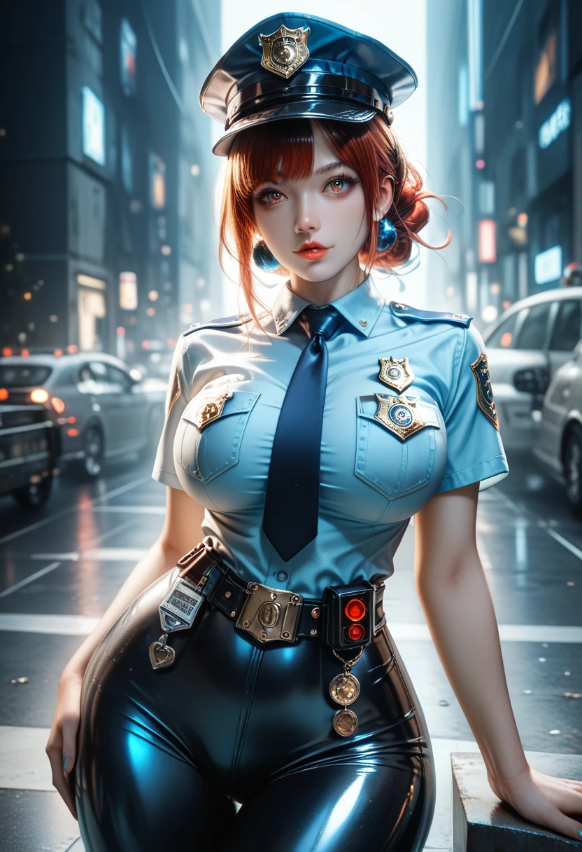 4K, 8K, HD, (ultra realistic photo), ((best quality, masterpiece, realistic, detailed)),(high angle:1.12), ((night, dimly lit, low key, rim lighting)),
a girl of Russian roots, long hair, ponytail hair, (Red hair), blue eyes, thin waist, detailed eyes, detailed face, look at viewer, (flirting with camera:1.2),
(Perfect body), fit body,, attractive, (medium breast:1.22), (bare breast:1.33), policeman's paraphernalia, naked, detailed nipples,
standing in front of a car,
Dressed in a ((blue police uniform, shirt, pants)),
In the background of the streets, (cars, flashers, street lights, night, people),
black border, anime character, neko, high detail, high quality, intricate, details, beautiful,