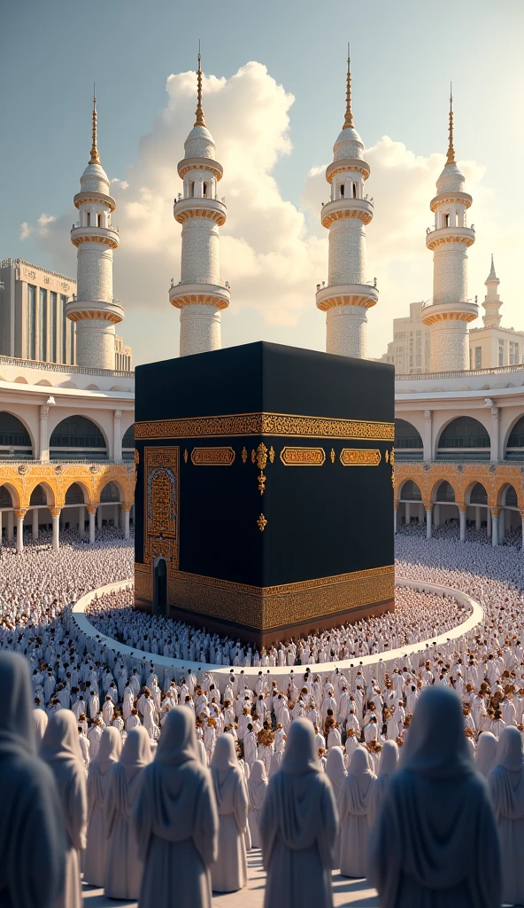 An awe-inspiring scene of the Kaaba during the early hours of the morning, surrounded by thousands of worshippers in white Ihram, all engaged in Tawaf. The Kaaba stands majestic in the center, its black and gold covering (Kiswah) glowing softly under the gentle morning light. The sky above is a delicate gradient from deep blue to soft pink as the sun begins to rise, casting a serene and spiritual atmosphere. The white marble floor of the Haram reflects the light, adding to the tranquility of the scene. In the distance, the minarets of the Masjid al-Haram are visible, standing tall against the sky. The image should evoke a sense of peace, reverence, and spiritual connection.