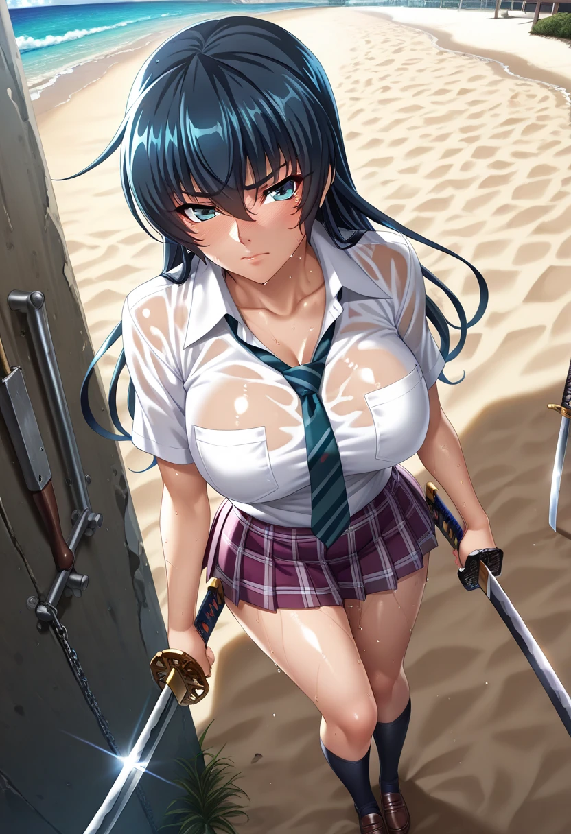 <lora:KanuUnchouV5:1>, kanu unchou, <lora:DOA5LR Ayane Police Costume :0.8>, Police, cleavage, big breast, hair over one eye, (black police peaked cap:1.2), Midriffs, (white shirt:1.2), blue_eyes, front-tie top, Black High-waist shorts, (red belt:1.2), black fingerless gloves, black boots, holster, gun, atmospheric perspective, in the city, 1girl, (cowboy shot:1.0), (perfect anatomy:1.2), (masterpiece:1.4), photorealistic, best quality, beautiful lighting, real life, natural makeup, ultra detailed face, ultra detailed eyes, intricate, high detail, sharp focus, dramatic, beautiful girl, (RAW photo, 8k uhd, film grain), caustics, subsurface scattering, reflections, <lora:EyesGen:0.4>, intricate iris, looking at viewer, (glowing eyes:1.2)