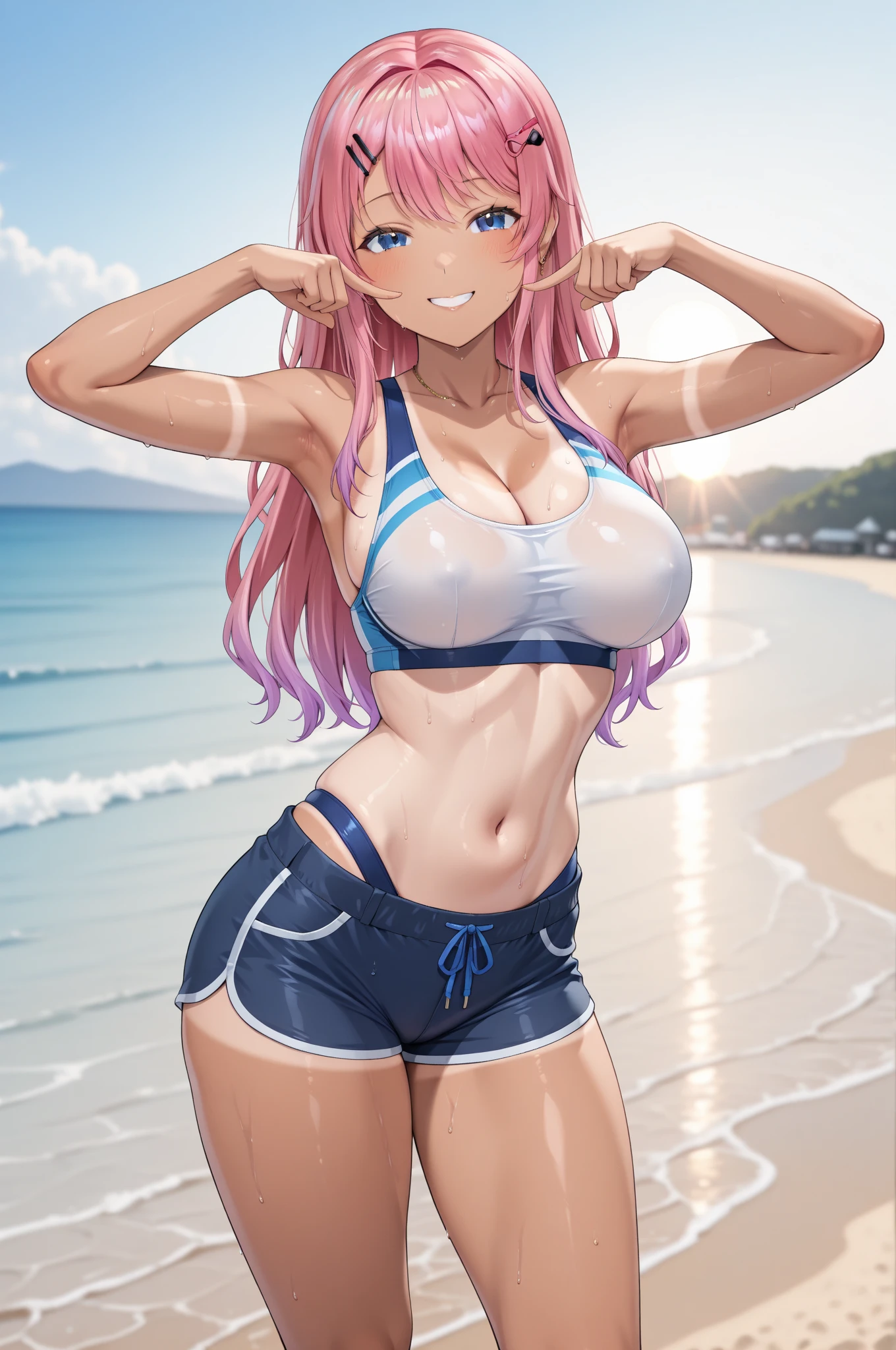 ((female)), (very messy hair), (sorriso feliz), Presas, ((abdominais rasgados)), Toned arms and legs, medium breasts, suor excessivo, (Summer beach scene), olhos azuis brilhantes, ( (cabelo rosa)), barefoot, Standing