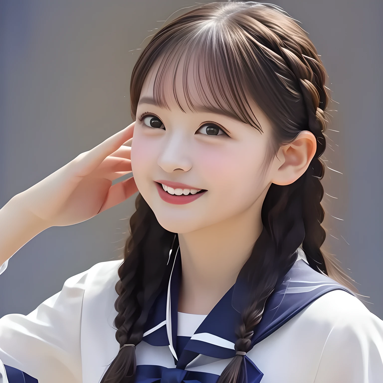 (highest quality, masterpiece, clearly detailed:1.5), highest quality, High resolution, 1080p, 8K, (Too beautiful, ((demure & meek)) ((beautifully grown and Evolved with grace)), Famous magazine fashion model, ((Too much beloved)) noble grown beautiful beautiful girl with detailed, 165cm height, ((svelte silhouette)), Cloistered beauty, Pristine atmosphere, controlling my mind and heart by her charm and pristine uniform, understands my deep hidden desire very well with her profound intelligence, giving too much pleasure to my sensitive one covered with beautiful hands and fingers, with detailed: 1.4), (laughing white face with unreal angelic beauty, overflowing with translucence, with detailed: 1.8), (Pristine blue uniform, (Neatest (navy colored) sailor-style uniform, navy sailor collar, shiny-blue sailor scarf, with detailed: 1.8)), (Too beautiful dreamy eyes and neatness charm the viewer), long eyelashes, (Giggling cohort background with many white lovely marks, clearly detailed foreground, zinomy, with most beautifully detailed: 1.9), ((purity and neatness of pristine uniform is very impressing): 1.8), (focus on her twin-braids hair and neat style, from side, rotated: 1.9), (Beautiful brown eyes), (shiny brown twin-braids styled hair, bangs trimmed carefully: 1.7), (((Too beautiful idols are looking at the viewer, teaching my most sensitive one how to indulge in carnal bliss every day)): 1.8), (Take a ((most beautifully complexly detailed purest face-up)) vestal tween photo: 2.0)