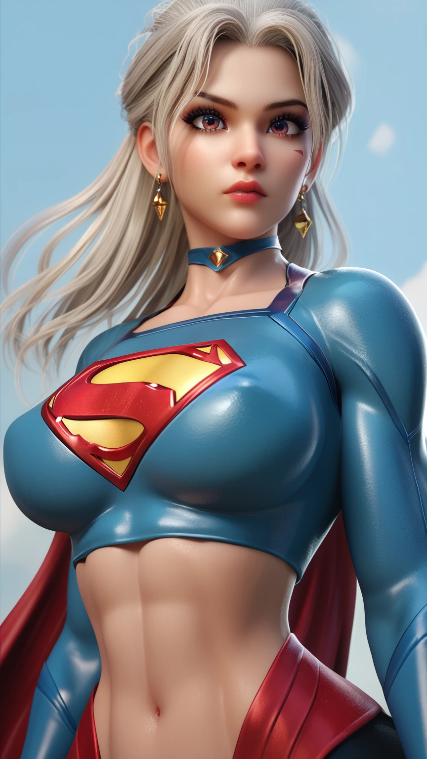 (melhor qualidade:1.3), Supergirl, capa vermelha, S do super-homem no peito, blue swimsuit, Red skirt, botas vermelhas, (demon girl), very huge breasts, sedutora, sexy, cabelo branco com as pontas verde claro, chifre com as pontas vermelho