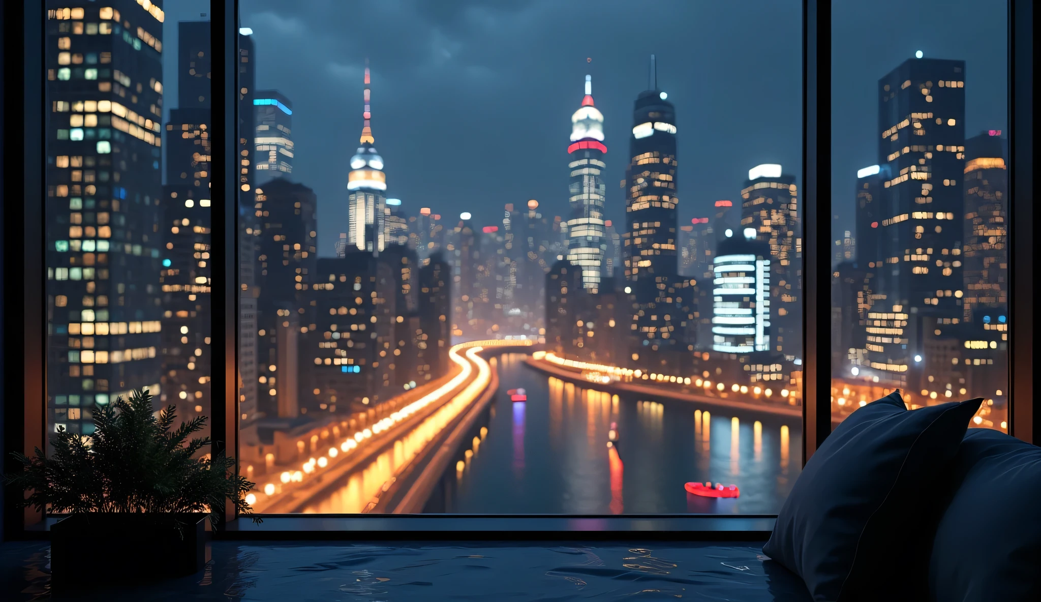 Scenery seen from the window,Window side where you can see the night view、high quality realistic 3d rendering,precise texture,Sparkling night view,Deep Color,sophisticated composition,Charming Atmosphere,Delicate Details,Exquisite Bokeh ,Masterpiece