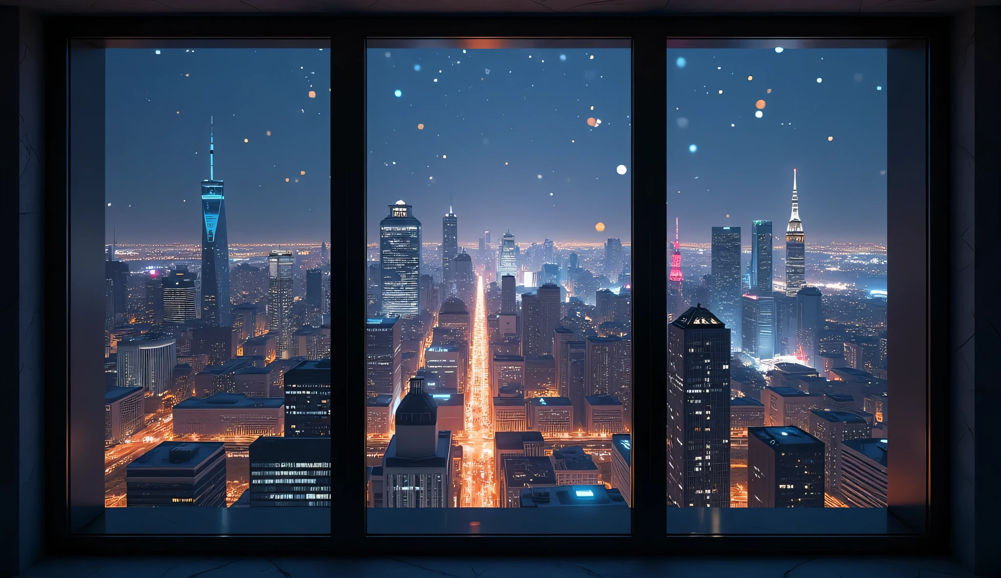 Scenery seen from the window,Window side where you can see the night view、high quality realistic 3d rendering,precise texture,Sparkling night view,Deep Color,sophisticated composition,Charming Atmosphere,Delicate Details,Exquisite Bokeh ,Masterpiece