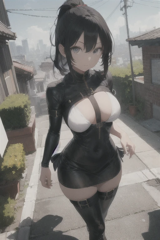 tifa lockhart,long black hair,long hair,
break bare shoulders, black shoes, cleavage, rock bones, FF7, have, off shoulder,
break looking at viewer,
break outdoors, city,
break (masterpiece:1.2), highest quality, High resolution, unity 8k wallpaper, (shape:0.8), (fine and beautiful eyes:1.6), highly detailed face, perfect lighting, Very detailed CG, (perfect hands, perfect anatomy)、