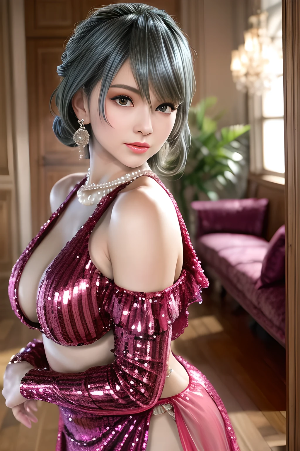 1girl, Wearing a velvet nightgown, , appealing cleavage,( beautiful tattoo:1.2), overhead view, beautiful detailed eyes, beautiful detailed lips, extremely detailed eyes and face, long eyelashes, feminine charm, detailed texture, snug fit, fashionable, soft fabric, radiant skin, (best quality,4k,8k,highres,masterpiece:1.2), ultra-detailed, (realistic,photorealistic,photo-realistic:1.37), tamaki