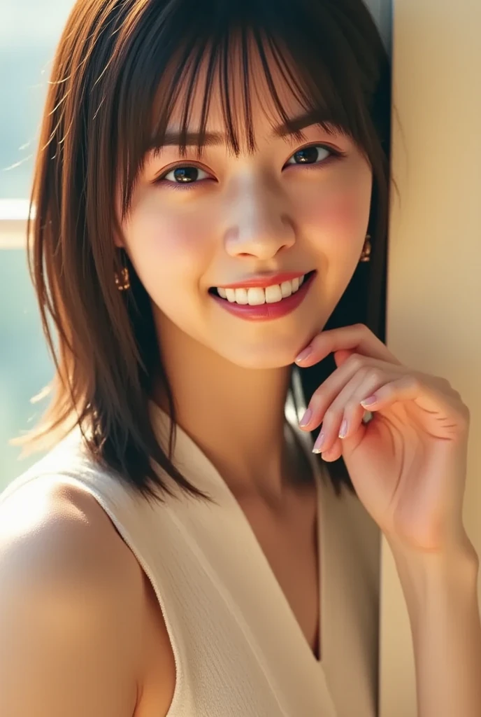 Japanese ),((Beautiful girl)),cleavage,the expression imagining what feels good:1.2,(perfect body beauty:1.2),((perfect body)),(shy smile),beautiful teeth,