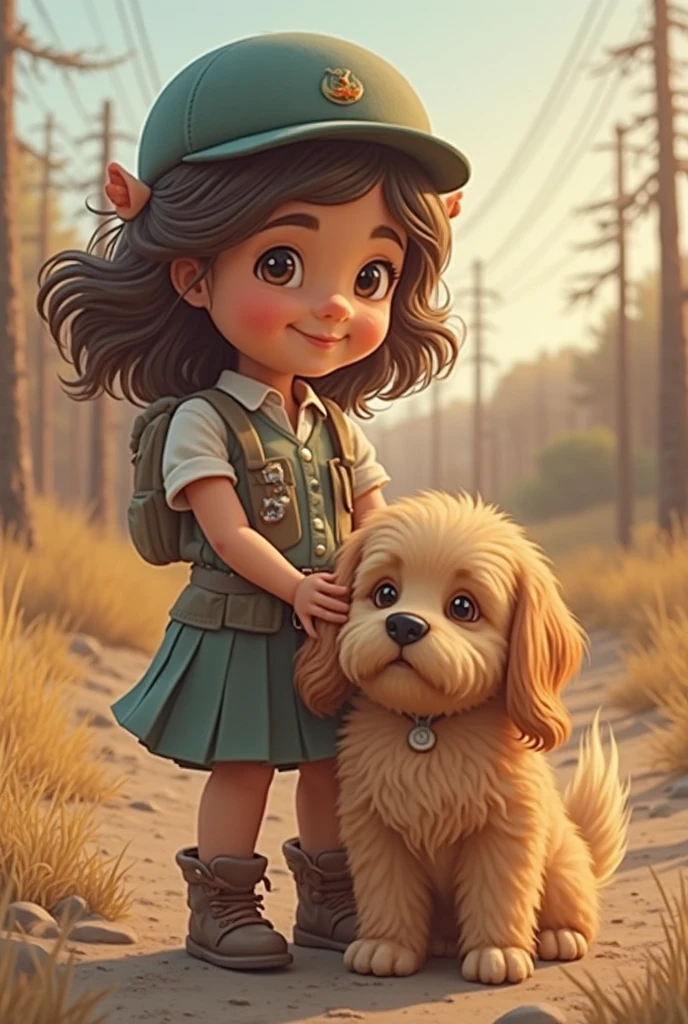 An incredibly charming little girl with brown hair, accompanied by her adorable puppy,with bicycle, enjoying a lovely spring outing surrounded by beautiful yellow flowers and natural scenery. The illustration is in high definition at 4k resolution, with highly-detailed facial features and cartoon-style visuals.