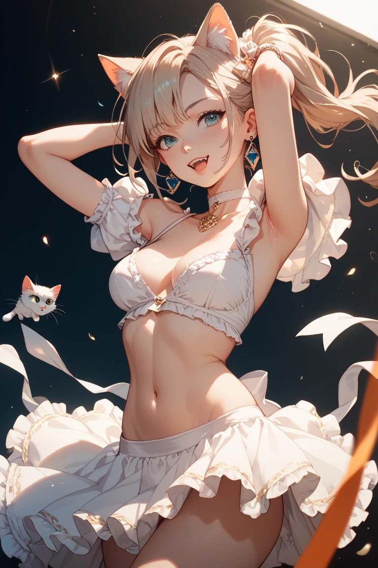 (masterpiece, highest quality:1.3), 1 cute girl, ideal ratio body proportions, blonde short hair, (black frilled mini skirt), puffy shoulders, bare arms, armpit, magic wand, (white cotton panties, 1 strange small animals:1.4), dynamic pose, night city, clothes covered nipples, 