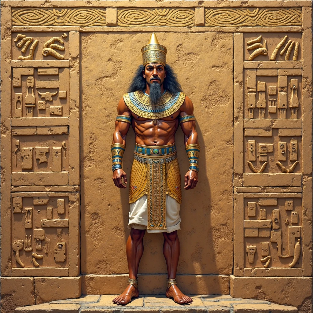 (masterpiece, best quality, photography, official art:1.2, by Greg Rutkowski), stunning Egyptian man, (donning sexy ancient Egyptian attire:1.3), regal headdress, ornate jewelry, standing within the depths of an Egyptian tomb, (flickering torchlight:1.2), illuminating the sacred space, (sensual and mysterious atmosphere:1.3), hieroglyphs adorning the walls, soft shadows emphasizing her allure, (rich, earthy tones:1.2), captivating the essence of ancient Egypt.