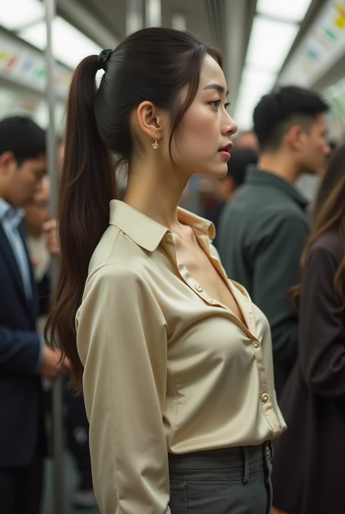 (32K:1.9, Highest quality, masterpiece, Ultra-high resolution, Professional low-angle camerawork:1.5, Very detailedな肌と顔の質感:1.4), Always accurate, Very detailed, ((25 year old Japanese woman, Big breasts on the verge of collapse:1.2, Inside the train:1.6, Multiple men touched parts of her clothing.:1.7, A tight skirt and a white shirt:1.5, Incredibly slim body:1.3, areola is not visible)), Fair skin, elegant, sense of cleanliness, Thin eyebrows, (Big eyes that exude beautiful eroticism:0.4, Embarrassed smile:1.0, I despise you from the bottom of my heart:0.8, Open your mouth a little, lipstick, Feel the beautiful eroticism:0.9), (Wet dark brown medium length hair), Bag, Earrings, necklace, bracelet, romantic, mysterious, Object of admiration, original, dramatic, artistic, Innovative, charm, Heartful, Fancy, sense of openness, special, exciting, (Extreme, Tilt, sense of loss, suffering, sufferingの表現), (((若さのcharm, 女性的なcharm)))

